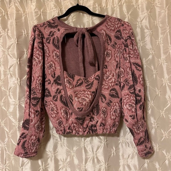 Free People No Ordinary Floral Jacquard Knit Puff Sleeves Top Pink Open Back - Picture 7 of 16